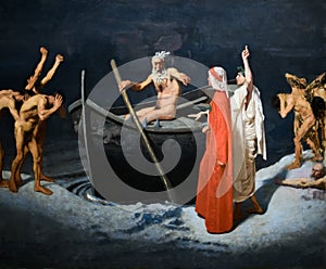 Dante and Virgil in front of Charons boat, 1874 painting by Paolo Vetri